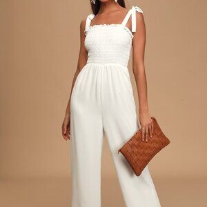 Lulus Fond Of You White Tie-strap Smocked Wide-leg Jumpsuit - Size S